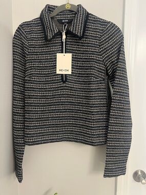 ME+EM Black,White and Striped Half-Zip Knit Top